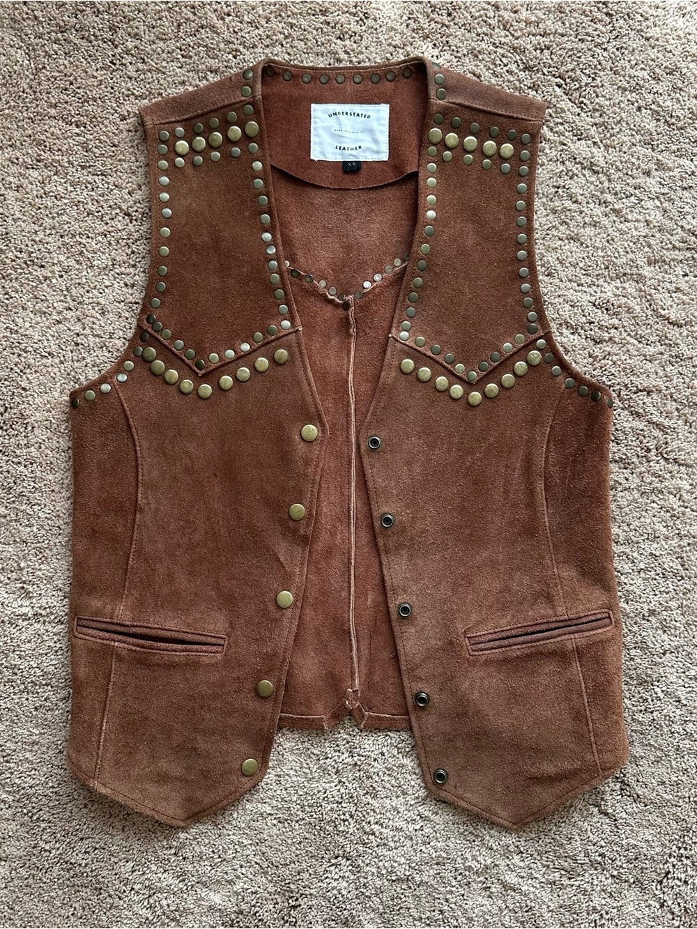 Understated Leather Suede Studded Brown Vest - Picture 4 of 6